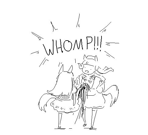 Mejiro delivers a swift kick to Gold Ship, tearing through the paper, a loud WHOMP as Mejiro's shoe collides with Gold Ship's chest.