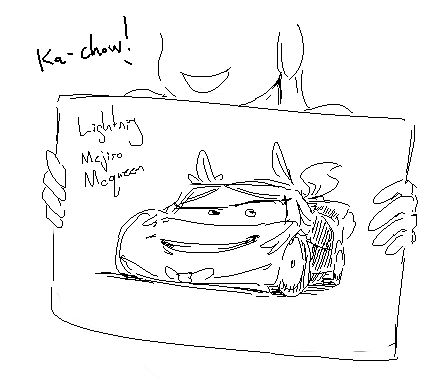 "Ka-chow!" says Gold Ship, holding up the paper. The artwork is Mejiro as Lightning McQueen from the Cars series of movies.