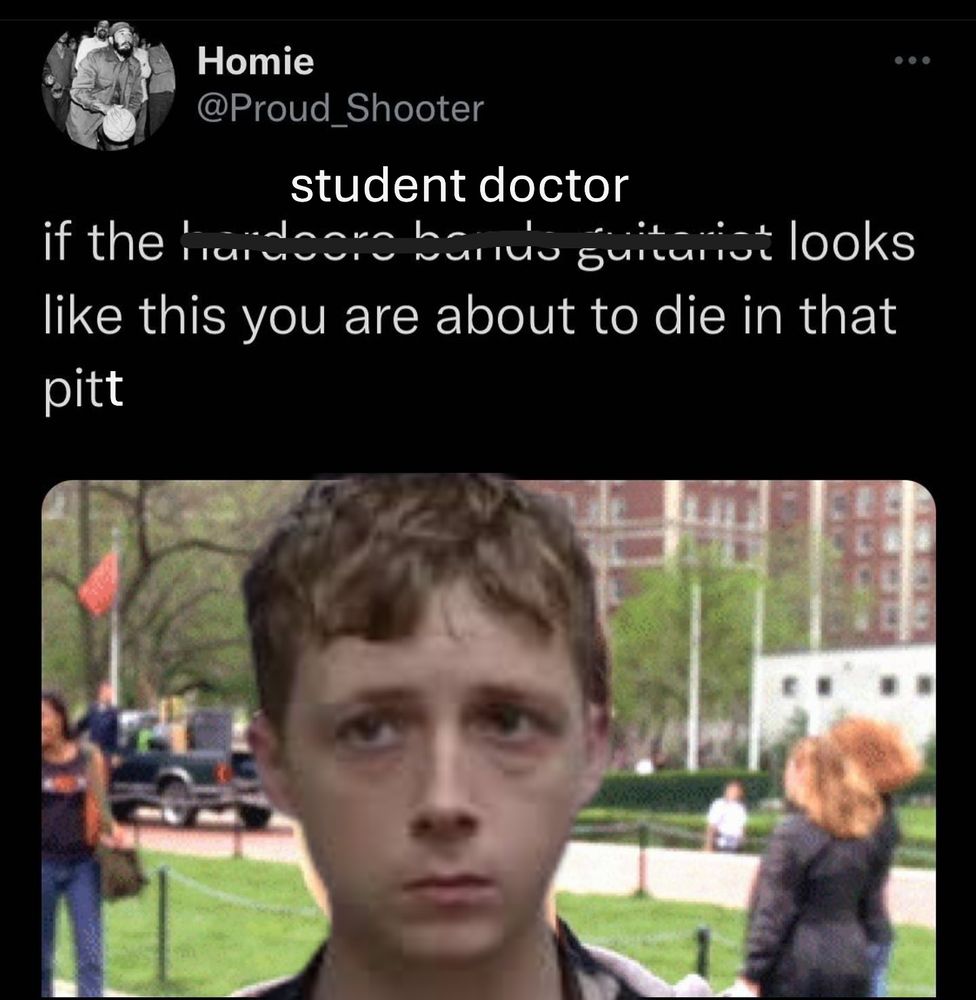 A picture of Whittaker from The Pitt under a tweet that reads "if the student doctor looks like this you are about to die in that pitt"