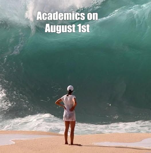 A photo of a woman, dressed in white, standing on a beach as a massive wave comes crashing into shore. The words above her read: Academics on August 1st.