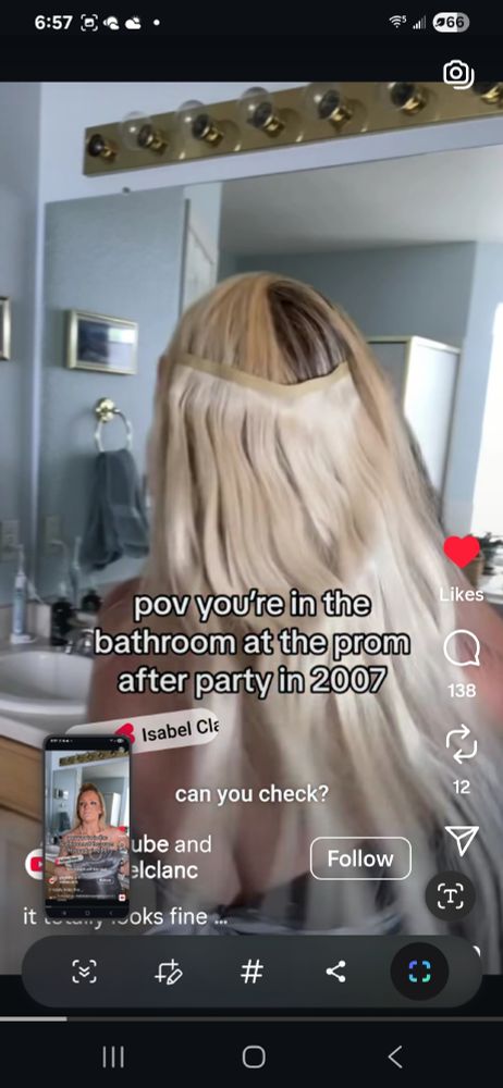 A screenshot from Isabel Clancy's IG showing her very visible blonde tape in extensions.