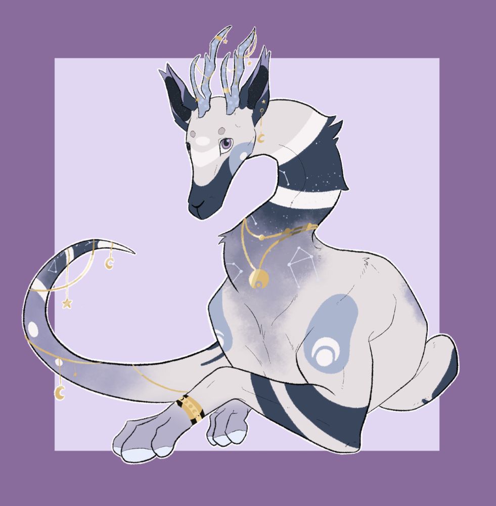 A creature resembling a deer-dragon covered in jewelry sits with paws crossed. 