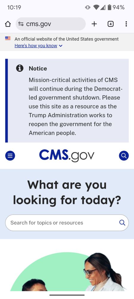 Screenshot of the CMS.gov website with a banner at the top saying "Notice: Mission-critical activities of CMS will continue during the Democrat-led government shutdown. Please use this site as a resource as the Trump Administration works to reopen the government for the American people."