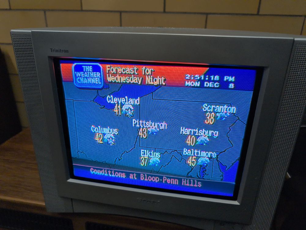 The Weather Channel, retro edition! An "old" Sony Trinitron CRT TV with Weatherstar 4000 emulation.