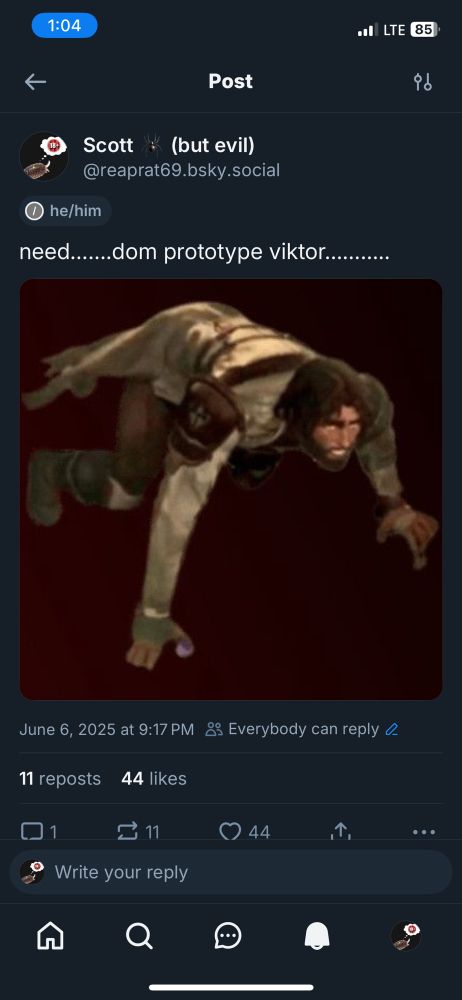 my post saying “need….dom prototype viktor……” with an image of jayce on all fours facing the right and 11 reposts 44 likes