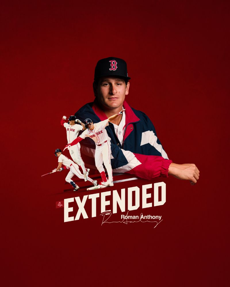TEXT: Extended - Roman Anthony
IMAGE: Graphic announcing Roman Anthony’s extension. Four layered cutouts of Roman Anthony are featured on a dark red background - one posed, one hitting and two celebrating in the Red Sox home white uniform.