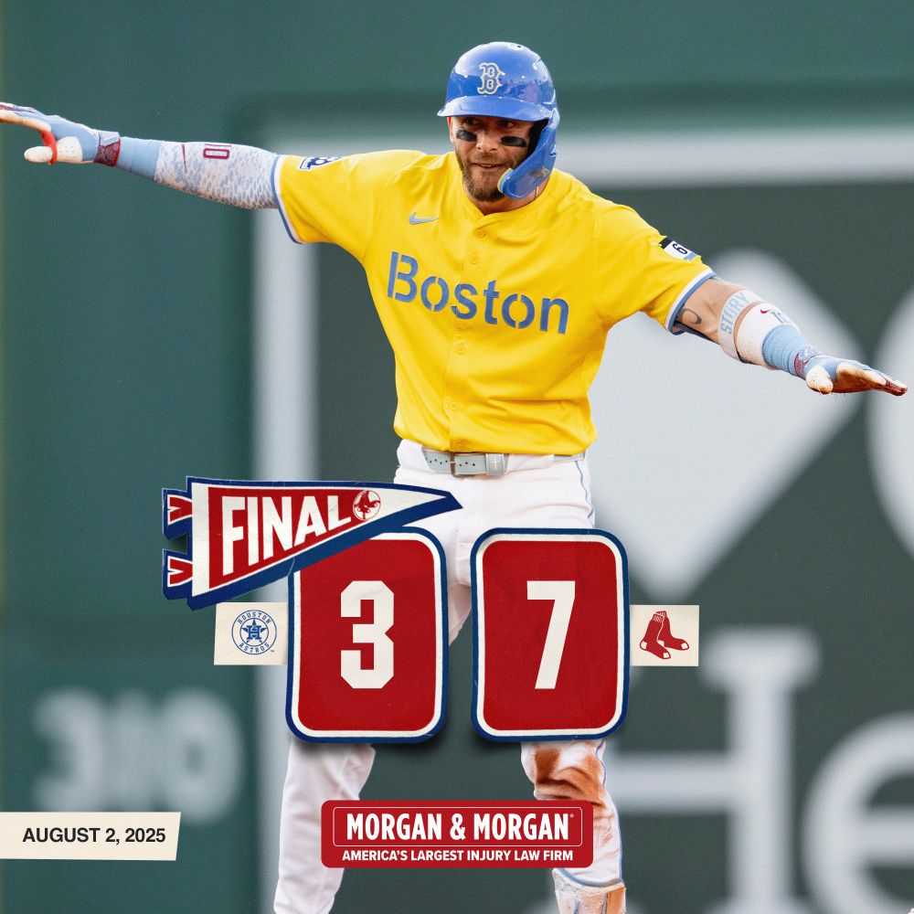TEXT: FINAL - Astros 3, Red Sox 7. August 2, 2025. IMAGE: Trevor Story celebrates at second with airplane arms after hitting a double. He is wearing the Red Sox yellow City Connect uniform.