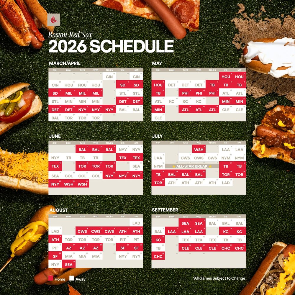 A graphic featuring the full Boston Red Sox 2026 schedule with various hot dogs representing several of the matchups arranged in the background.