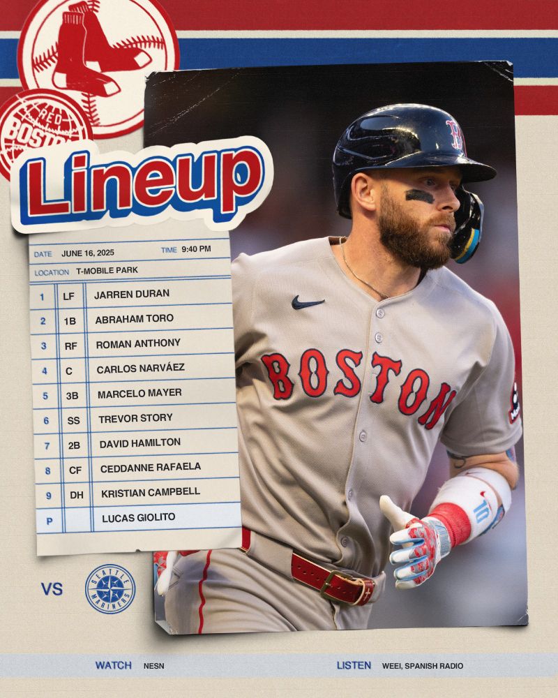 June 16, 2025 lineup vs. Seattle Mariners at T-Mobile Park: Duran LF, Toro 1B, Anthony RF, Narvu00e1ez C, Mayer 3B, Story SS, Hamilton 2B, Rafaela CF, Campbell DH, Giolito P. Watch on NESN and listen on WEEI & Spanish radio.IMAGE: Trevor Story runs the bases in the Red Sox road grey uniform.