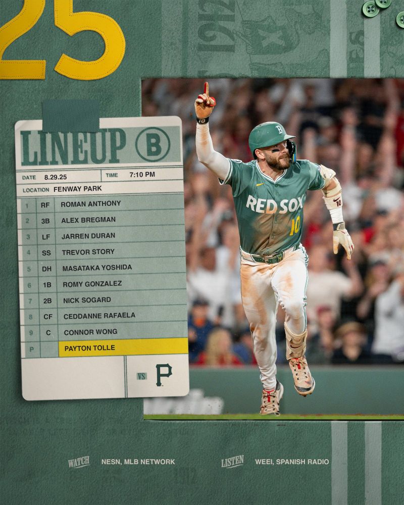 August 29, 2025 lineup versus Pirates at Fenway Park: Anthony RF, Bregman 3B, Duran LF, Story SS, Yoshida DH, Gonzalez 1B, Sogard 2B, Rafaela CF, Wong C, Tolle P. Watch live on NESN and MLB Network and listen on WEEI and Spanish Radio. First pitch set for 7:10 pm. IMAGE: Trevor Story pointing up in celebration as he runs the bases at Fenway Park after a walk-off hit. He is wearing the Red Sox City Connect Fenway Greens uniform. 