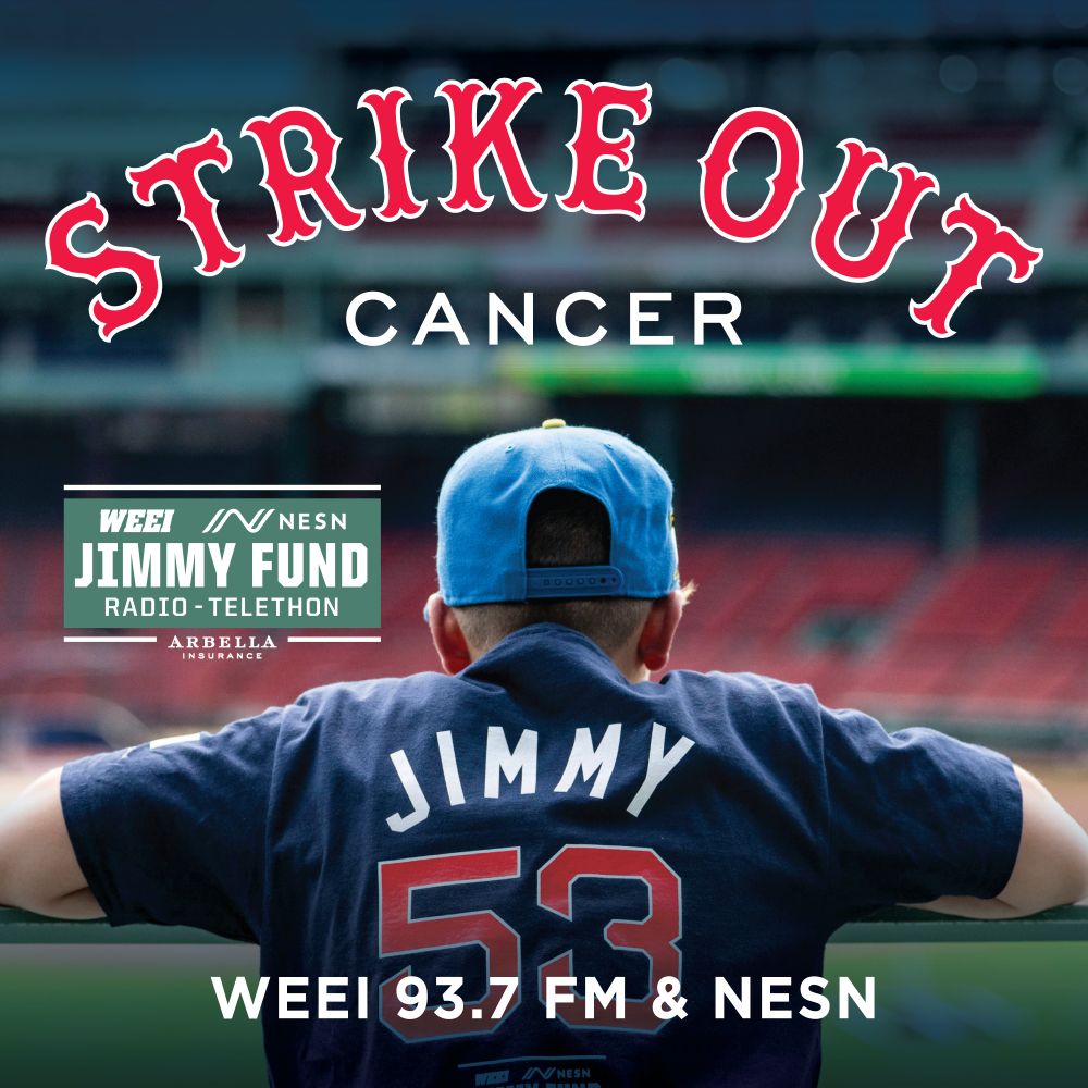 TEXT: Strike Out Cancer WEEI/NESN Jimmy Fund Radio-Telethon Arbella Insurance WEEI 93.7 FM & NESN IMAGE: A person wearing a Jimmy Fund Red Sox tshirt looks out at Fenway Park from the outfield.