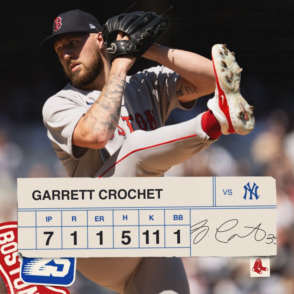 Garrett Crochet pitching line vs. New York Yankees: 7 IP, 1 R, 1 ER, 5 H, 11 K, 1 BB IMAGE: Garrett Crochet pitches at Yankee Stadium in a Red Sox road grey uniform.