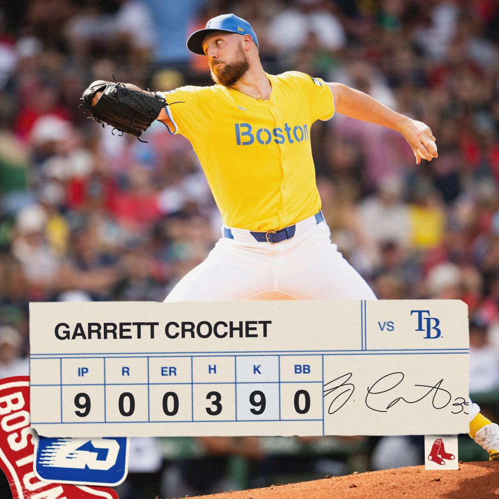 Picture of Garrett Crochet pitching showing his pitching stats from the July 12th game: 9 innings pitched, 3 hits, 0 runs, 0 earned runs, 0 walks, 9 strikeouts. 