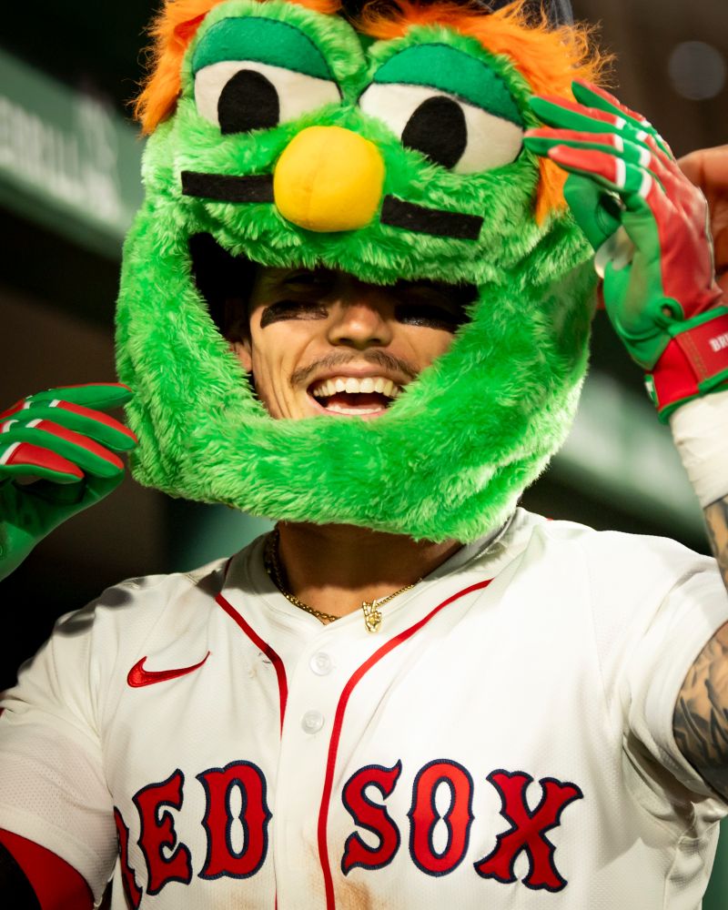 Jarren Duran smiling in the Wally Head celebrating after his home run.