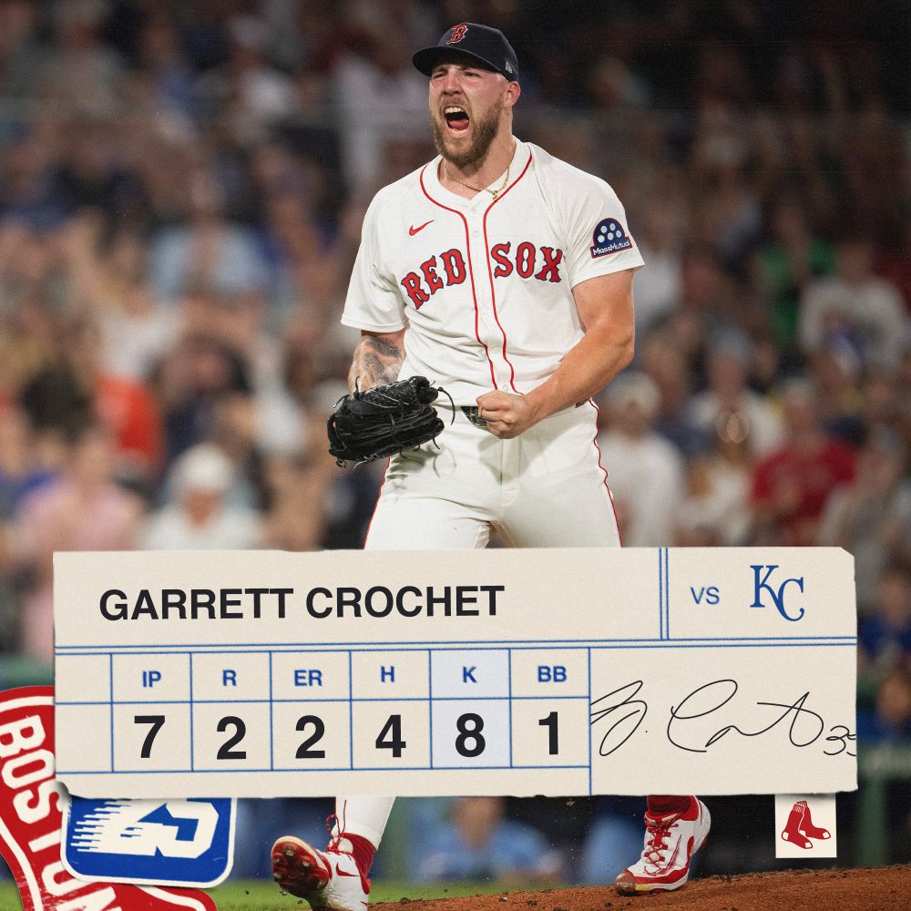 Picture of Garrett Crochet screaming showing his pitching stats from the August 5th game. 7 innings pitched, 4 hits, 2 runs, 2 earned runs, 1 walk, 8 strikeouts. 