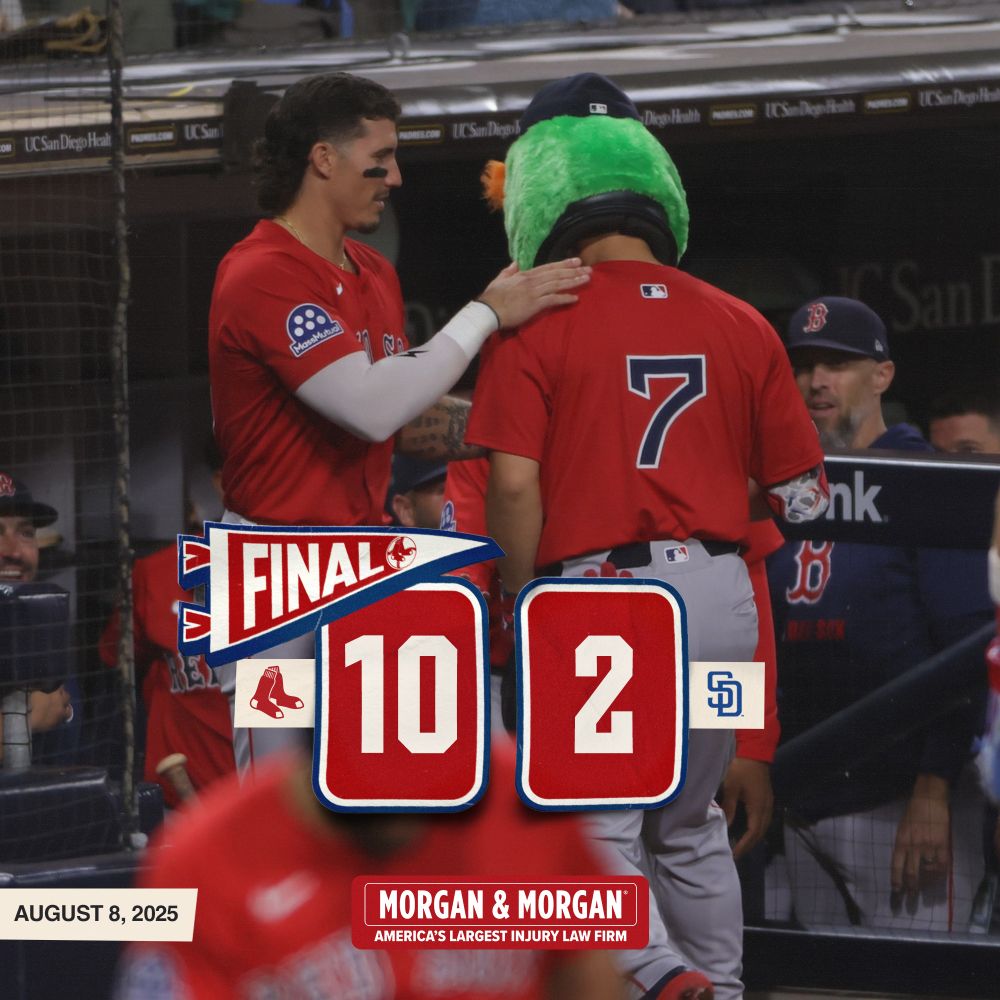 Final score graphic featuring a photo of Jarren Duran and Masataka Yoshida standing at the entrance of the dugout wearing their red away uniforms and Jarren Duran putting the Wally Head on Masataka.

Graphic Reads: Red Sox 10, Padres 2