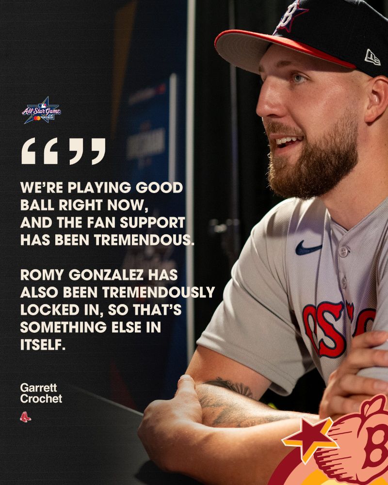 TEXT:
"We're playing good ball right now, and the fan support has been tremendous. Romy Gonzalez has also been tremendously locked in, so that's something else in itself." - Garrett Crochet

IMAGE: Garrett Crochet speaks during the All-Star Game media availability. He is wearing the Red Sox road grey uniform and All-Star cap.