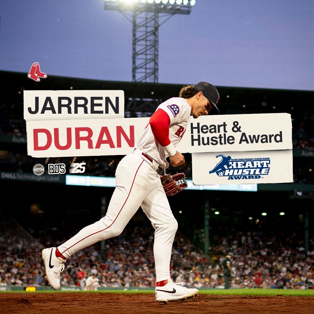 TEXT:
Jarren Duran
Heart & Hustle Award

IMAGE: Jarren Duran runs onto the field at Fenway Park in the Red Sox home white uniform.
