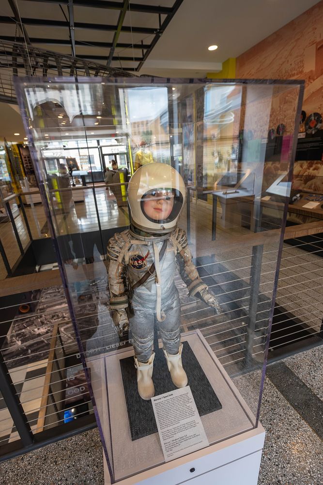 Photograph of a Mercury 7 Miniature Space Suit on view in the Akron History Center in downtown Akron, Ohio. Designed by B.F. Goodrich's Russell Colley in collaboration with NASA, the Mercury 7 space suits were worn by America's first astronauts: Scott Carpenter, Gordon Cooper, John Glenn, Gus Grissom, Wally Schirra, Alan Shepard, and Deke Slayton. Photo: Matthew Fox
