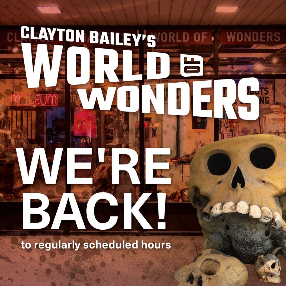 Graphic with images of funky ceramic art skulls and the storefront window of Clayton Bailey's World of Wonders in downtown Akron, Ohio. Text on the graphic reads We're Back! To Regularly Scheduled Hour.