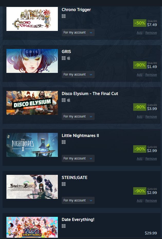 Steam summer sale purchases including Chrono Trigger, Gris, Disco Elysium, Little Nightmares II, Steins;Gate, and Date Everything!