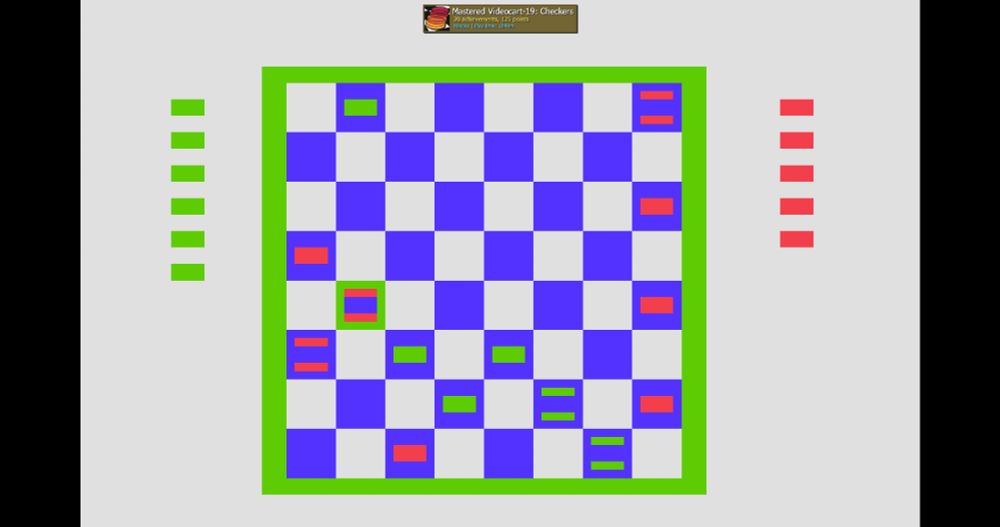A screenshot of Videocart 19 - Checkers on the Fairchild Channel F with a notification banner at the top that says "Mastered Videocart-19: Checkers. 20 Achievements, 125 points. Play time: 1h4m"