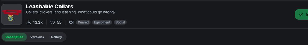 a screenshot of the leashable collars minecraft mod on modrinth. in the edge of the image on the right you can see a faded green button that indicates that it is installed