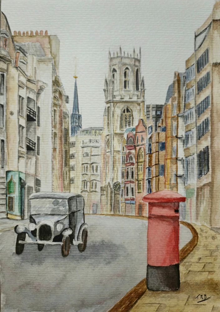 Watercolour painting of a street scene in London with a postbox and old car driving through.