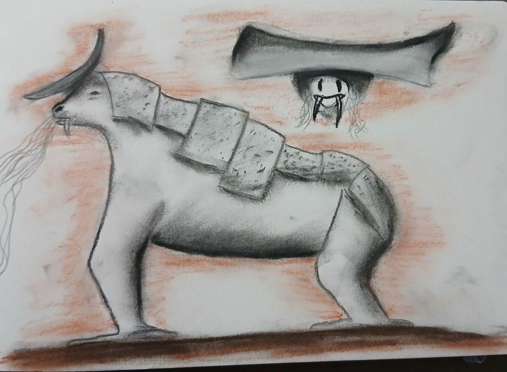 Charcoal and brown pencil drawing of a large creature. Cross between a dog and mammoth in stature. On its head is a giant shovel and coming from its nose are whiskers that probe the desert. It's back has armour to protect it from the desert sun.