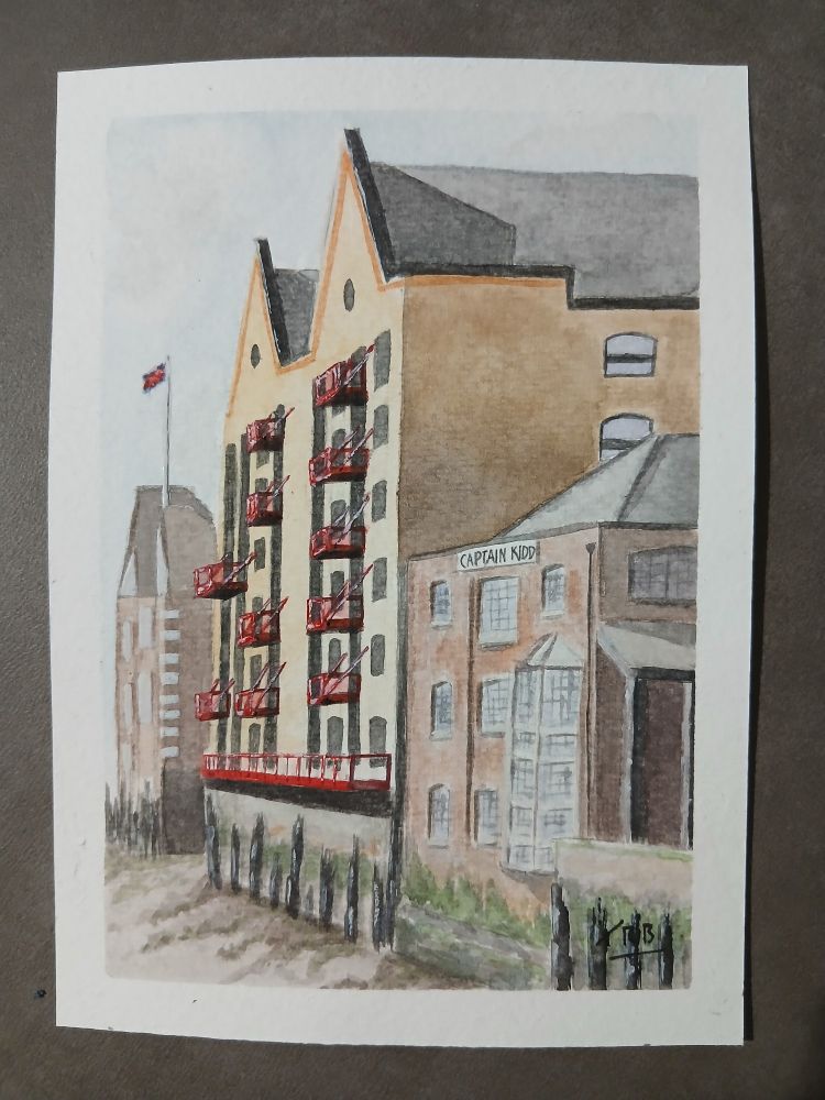 Watercolour painting of The Captain Kidd pub and other buildings in Wapping, London.