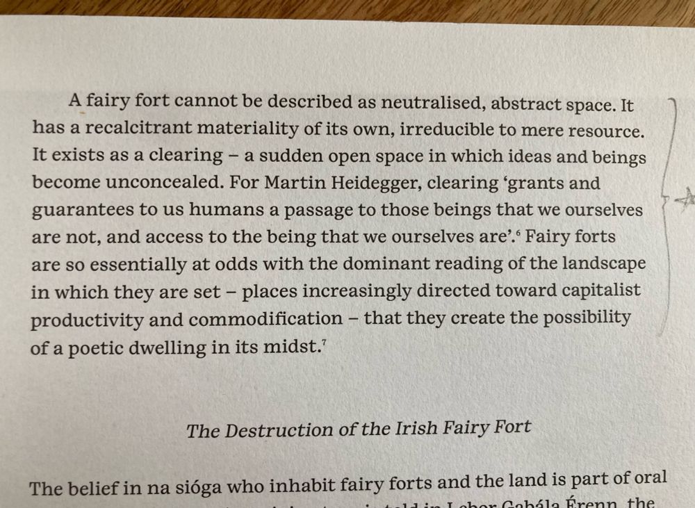 A fairy fort cannot be described as neutralised, abstract space. It has a recalcitrant materiality of its own, irreducible to mere resource.
It exists as a clearing - a sudden open space in which ideas and beings become unconcealed. For Martin Heidegger, clearing 'grants and guarantees to us humans a passage to those beings that we ourselves are not, and access to the being that we ourselves are.' Fairy forts are so essentially at odds with the dominant reading of the landscape in which they are set - places increasingly directed toward capitalist productivity and commodification - that they create the possibility of a poetic dwelling in its midst.