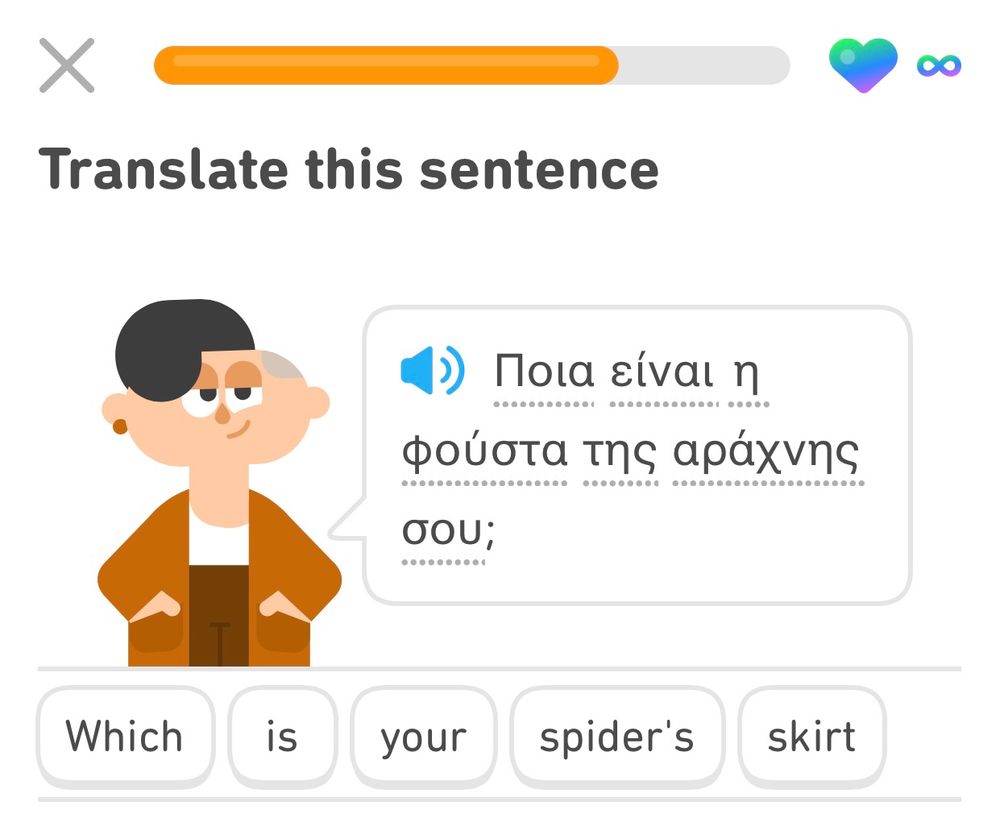 A screenshot of Duolingo where we are asked to translate the sentence: “Which is your spider’s skirt?”