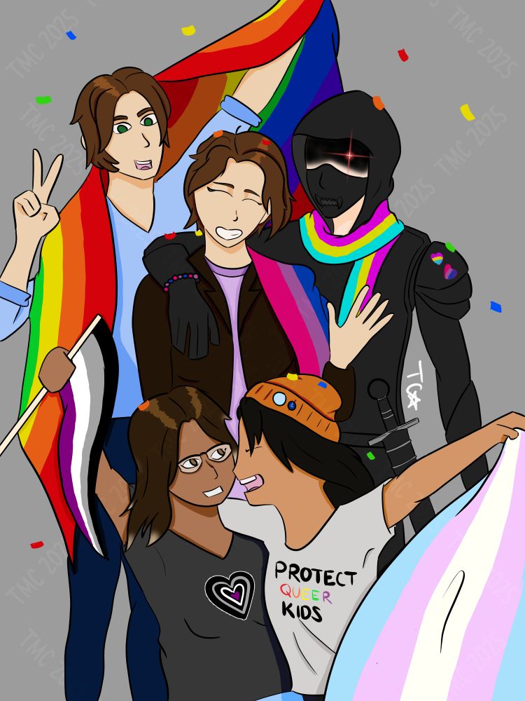 A drawing of five people - a brunette man, a short-haired brunette woman, a man in black armor, an Indian woman with dark hair, and a Hispanic man with long hair and an orange beanie. They are all wearing an assortment of LGBTQ+ Pride gear, and holding a gay Pride flag, a bisexual flag, a pansexual flag, an asexual flag, and a trans flag respectively. 