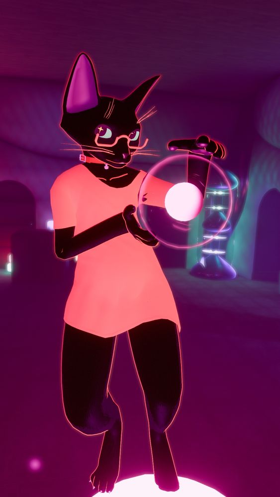 vrchat photo of an anthro black cat in a red shirt holding a glowy orb