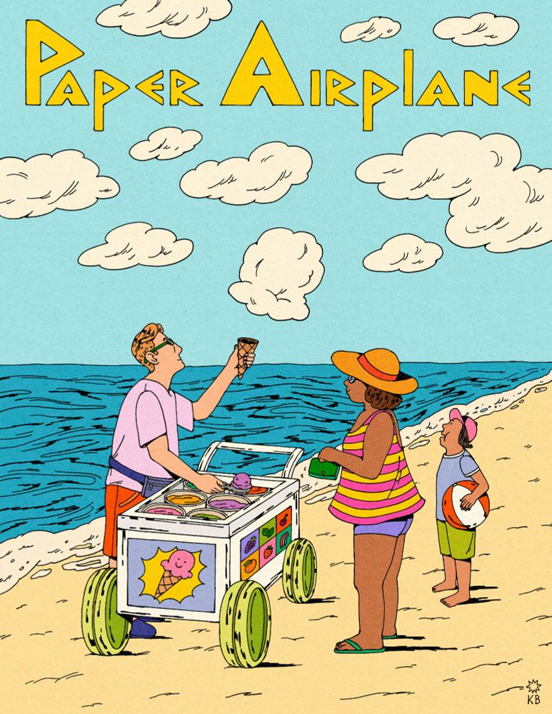 Paper Airplane magazine cover. An ice cream vendor on the beach holds up a cone toward an ice cream-shaped cloud.