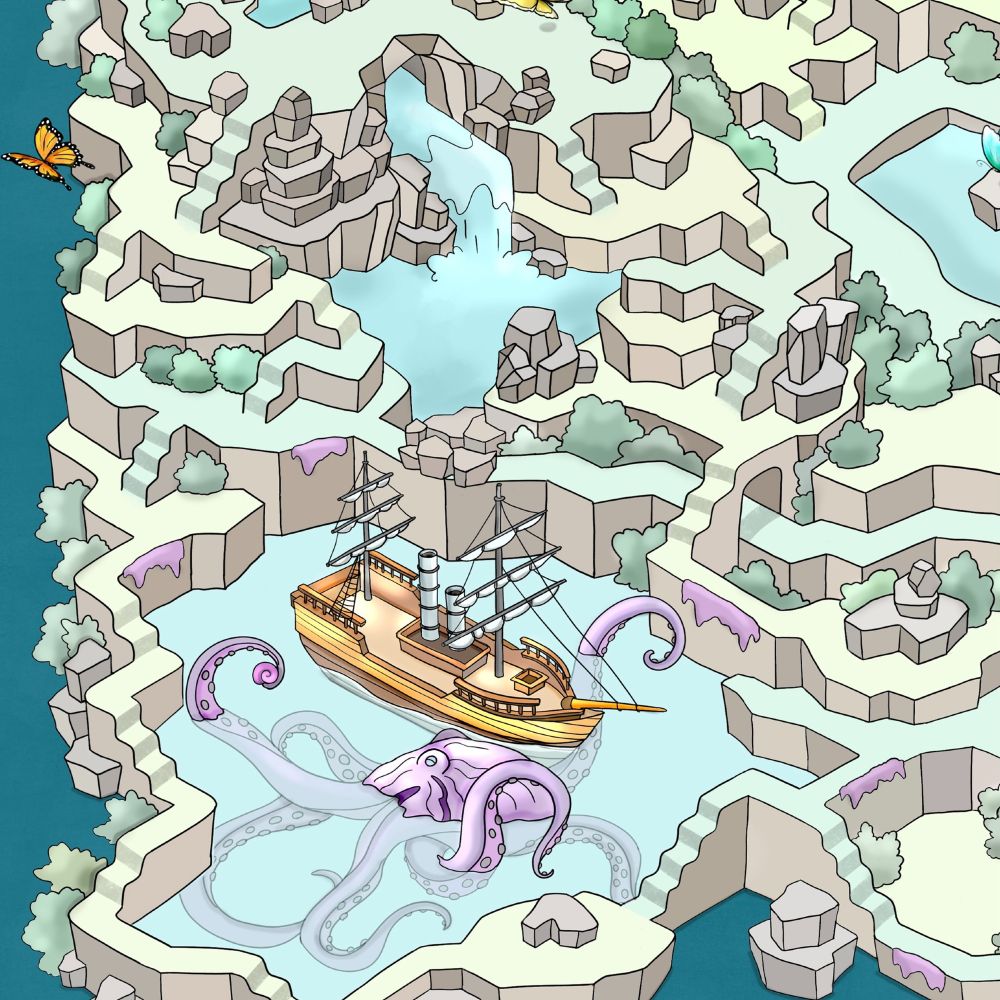 A portion of an elaborate maze showing a waterfall, a ship, and a sea monster. 
