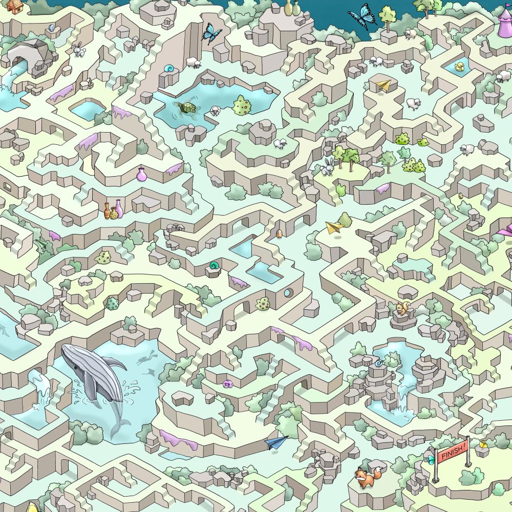 A portion of an elaborate maze showing many details, including a whale, staircases, and the finish line.