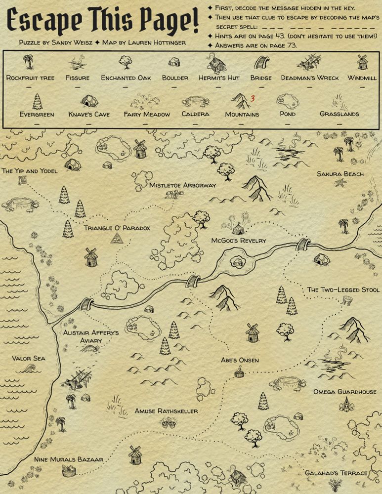 An illustrated fantasy map with a key and labels of various features and landmarks. 