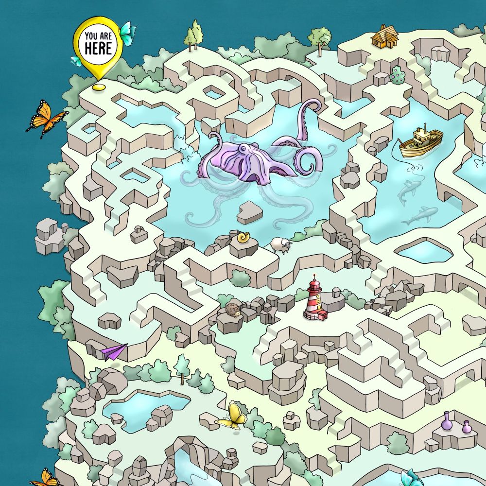 A portion of an elaborate maze with many details, including bodies of water filled with sharks, ships, and sea monsters.