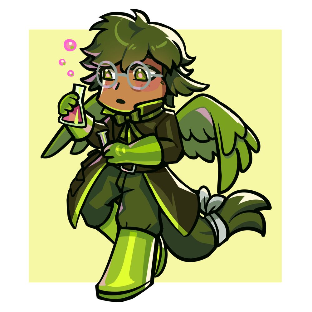 A bespectacled humanoid character with green wings/hair and an olive coat, holding a beaker and a test tube in his hands.