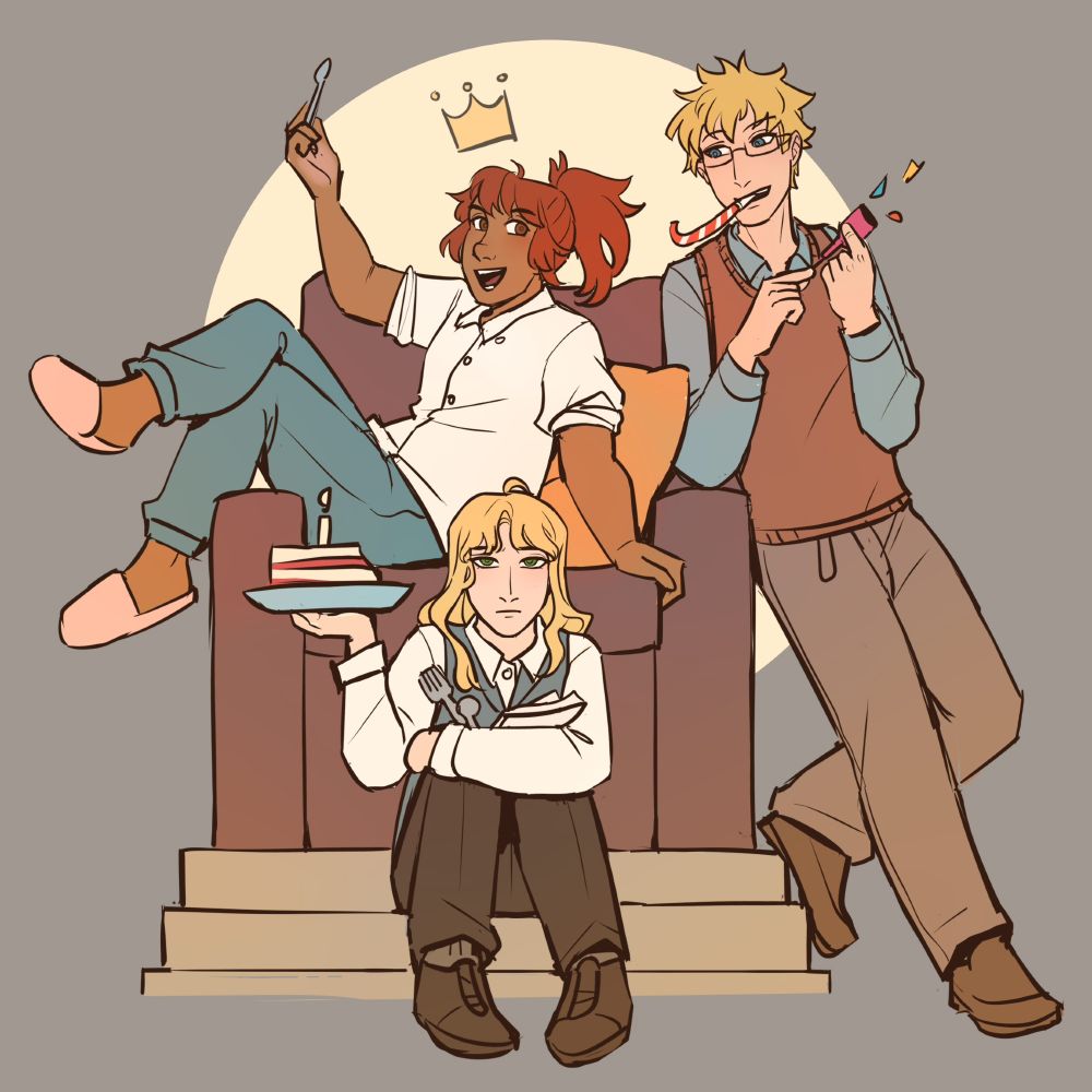 A red-haired teen girl sits in a couch holding up a spoon with a big smile. A short-haired blond man leans against the couch popping a part popper and blowing a party horn. A long-haired blond teen boy sits on the steps below the couch holding up a cake for the girl, looking nonplussed. A stylised crown floats above the girl's head.