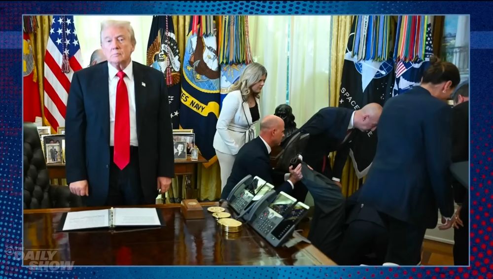 Donald Trump, not giving a damn about the person passed out on the Oval Office floor.