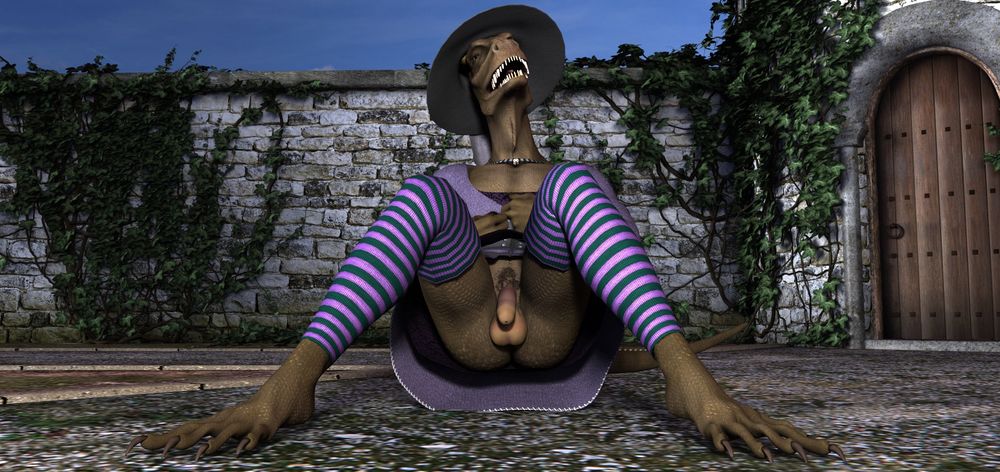 Lizard witch Sitting on ground exposing their genitals in a witches outfit.