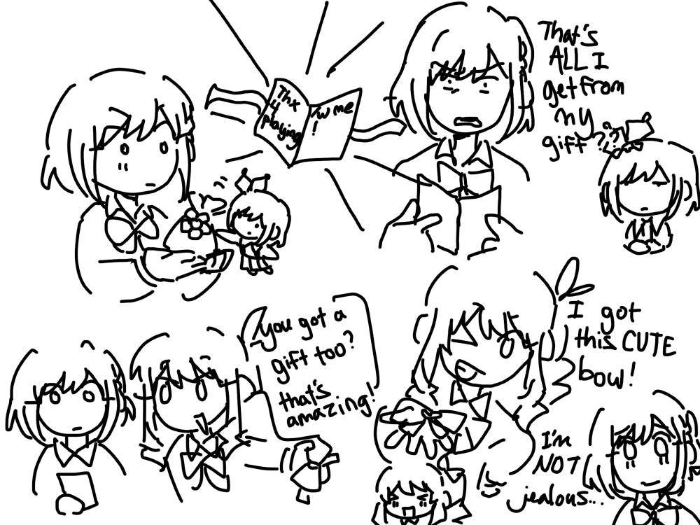 mizuena nui comic part 1!
ena’s nui hands her a gift, opening up to a card that says: “thx 4 playing with me!” ena is a bit offended. “thats ALL i get from my gift??” 
mizuki comes over cheerfully “you got a gift too? that’s amazing!” she shows the bow they recieved from mizunui “i got this CUTE bow!” 
ena pouts slightly, she’s NOT jealous….