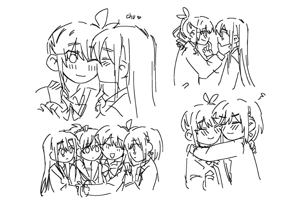 polyniigo mizukana mizuena mizukanamafuena. Mizuki gets a kiss on a cheek from kanade, chu! Mizuki is very giddy and she cups Kanade’s face with a lovey dovey look in her eyes… mizuena hug on bottom right, Ena squeezes Mizuki very tight with all the love in the world!!! niigo hug on bottom left. kanamafu mizumafu mizuena kanaena mafuena they are all interconnected and love… happy niigo family