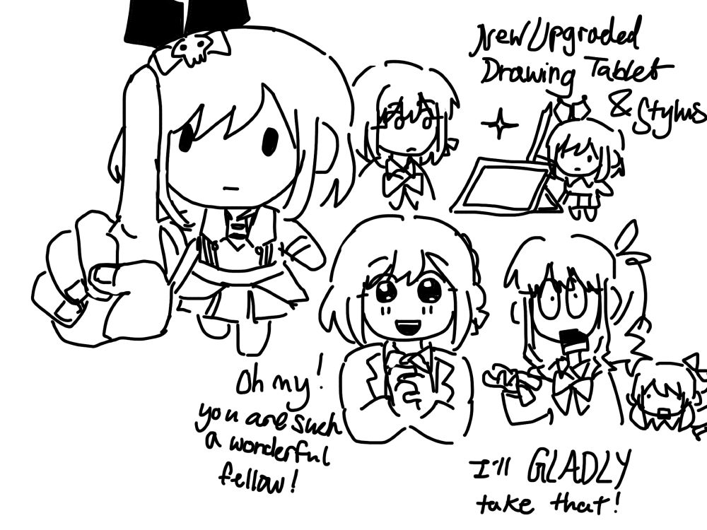 part 2 of comic. ena nui raises up her finger, implying that her gift isn’t done yet. she pulls out a New Upgraded Drawing Tablet and Stylus.
ena is pleasantly surprised by the high quality gift. “Oh my! you are such a wonderful fellow! I’ll GLADLY take that!” mizuki and her nui are left in shock.
