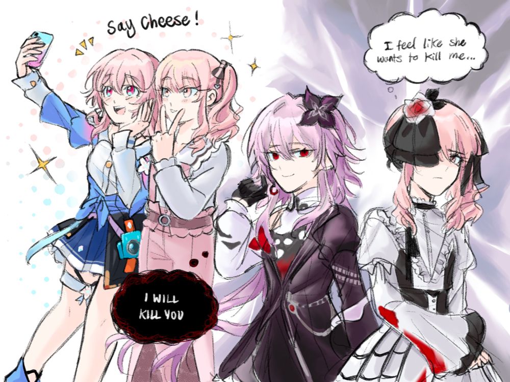 mizusys meets March 7th and evernight. march and mizuki take a photo together, while amia’s stuck with evernight….
 “I feel like she wants to kill me” amia thinks.
evernight is thinking “I will kill you”
Please save my girl