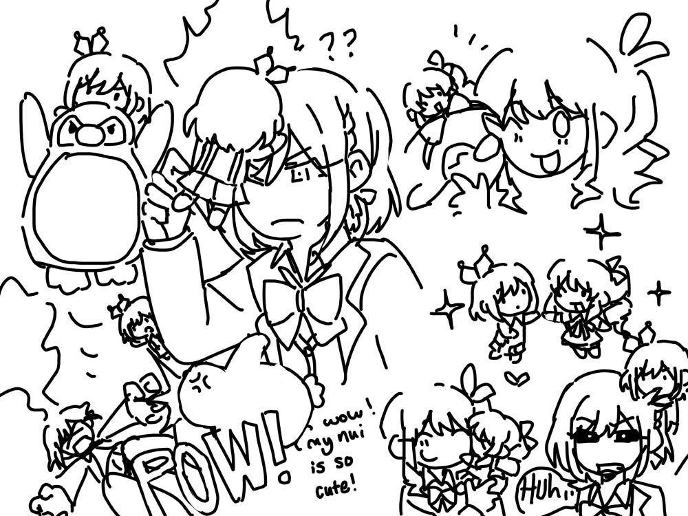 mizuena nuis and penguins! ena is having trouble bonding with hers, while mizuki has a wonderful time! 
“wow! my nui is so cute!” mizuki holds mizunui close. ena responds with her jealousy barely restrained. “Huh….” ena nui is biting out ena’s hair.