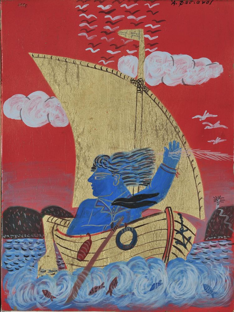 Φασιανός Αλέκος (1935-2022)
Βαρκάρης, 1990 
Εθνική Πινακοθήκη 
Σε κατακκόκινο φόντο μέσα σε λέμβο με πανί η χαρακτηριστική 
ανθρώπινη μορφή με τα ανέμελα μαλλιά της ζωγραφικής του Φασισμού υψώνοντας το χέρι αποχαιρετά 
την ακτή.
Πηγή : national gallery.gr 


