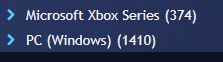Uma imagem do programa playnite, que compila todos os seus jogos em um só lugar. Na imagem, é mostrado a quantidade de jogos "Microsoft Xbox Series (374)" e "PC Windows (1410)".